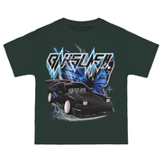 Stanced Black S13, Green Classic Fit Boxy Fit T Shirt  Dusty Pink Accents & Wheels, Slammed with Butterfly wrap on side  Blue Butterfly Glitch with Bakslash Sharp Double Shadow Logo